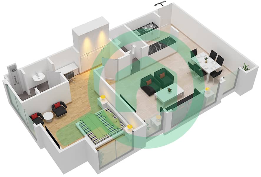 المخططات الطابقية لتصميم الوحدة 6,16 شقة 1 غرفة نوم - برج بوبيان interactive3D