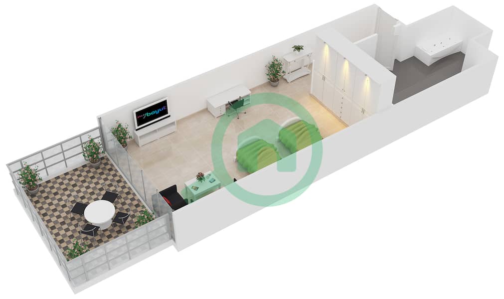 المخططات الطابقية لتصميم النموذج B HOTEL UNIT شقة استوديو - فايسروي سجنتشر ريزيدنس interactive3D