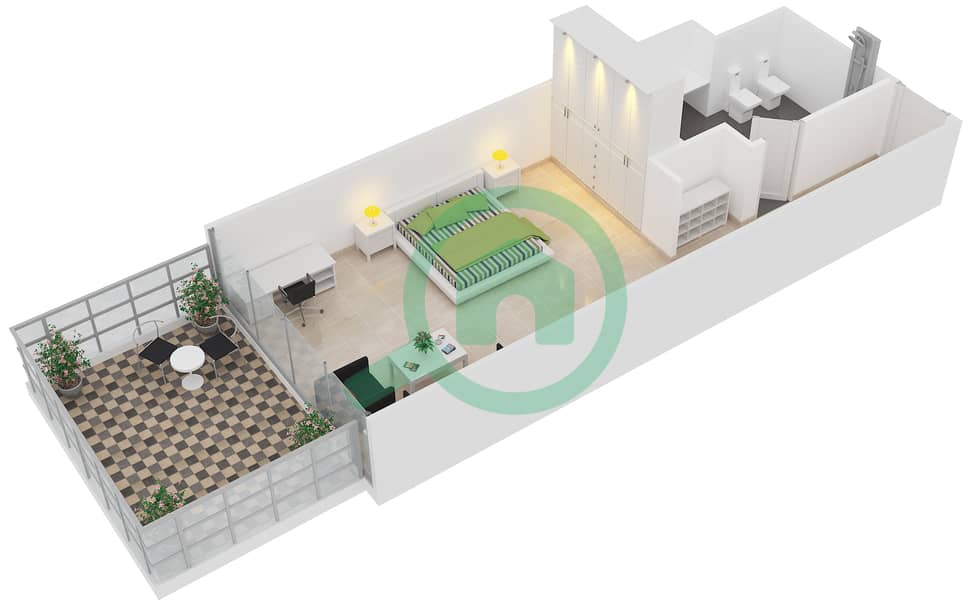 المخططات الطابقية لتصميم النموذج D HOTEL UNIT شقة استوديو - فايسروي سجنتشر ريزيدنس interactive3D