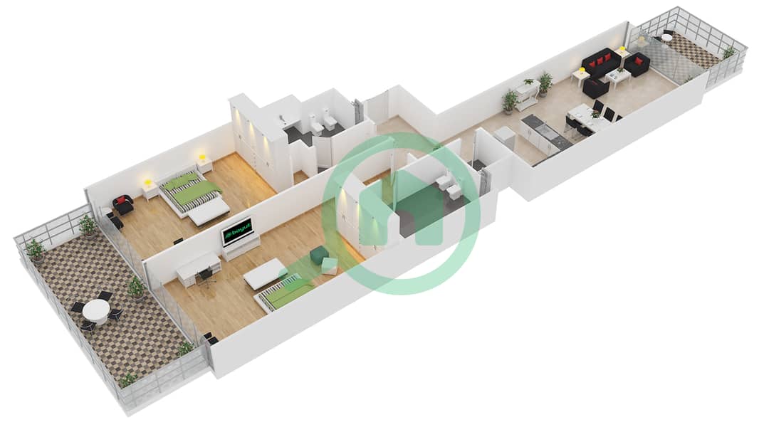 Висерой Сигнатур Резиденс - Апартамент 2 Cпальни планировка Тип A HOTEL UNIT interactive3D