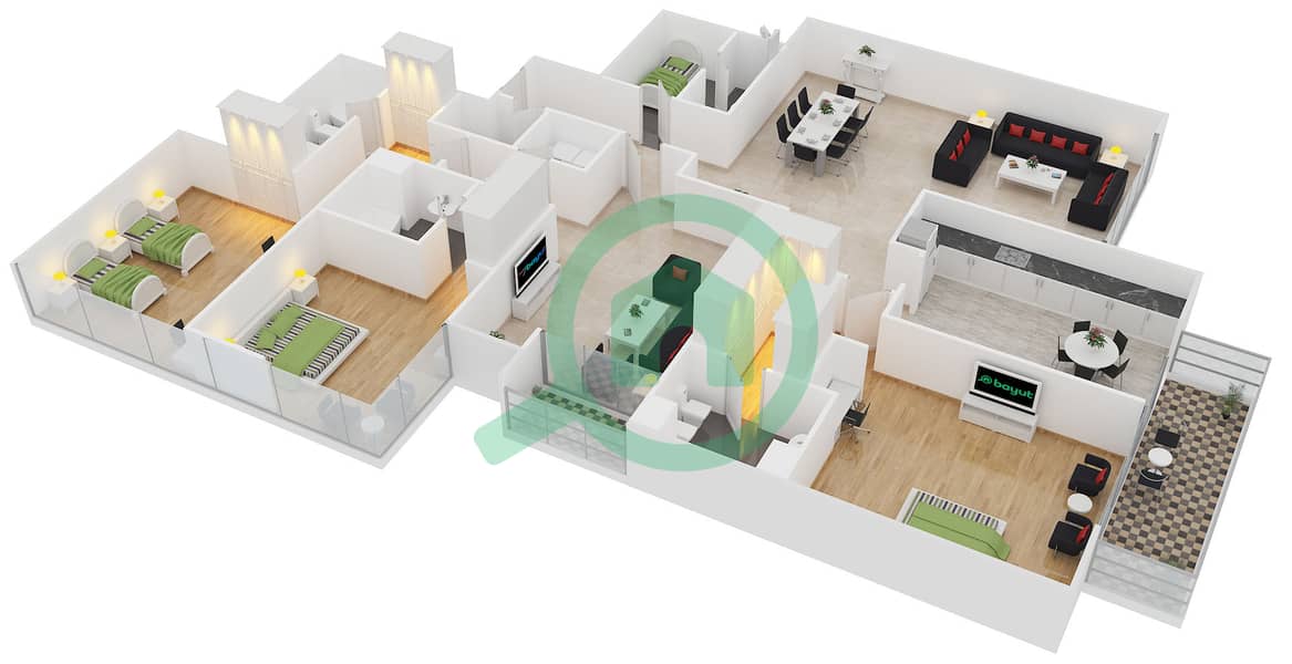Al Seef Tower 3 - 3 Bedroom Apartment Type 3 Floor plan interactive3D