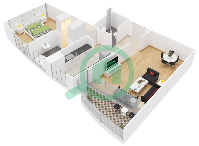 المخططات الطابقية لتصميم النموذج A شقة 1 غرفة نوم - الوليد بارادايس interactive3D