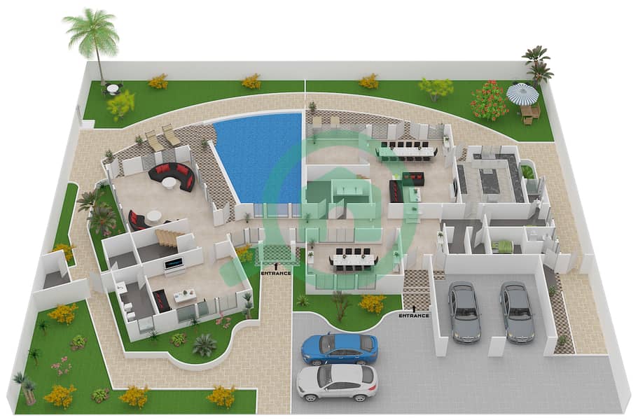 Signature Villas Frond M - 5 Bedroom Villa Type CENTRAL POOL CONTEMPORARY Floor plan interactive3D