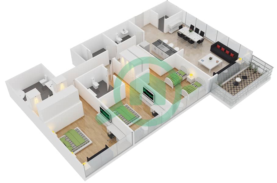 Th8 - 3 Bedroom Apartment Type 3B Floor plan interactive3D