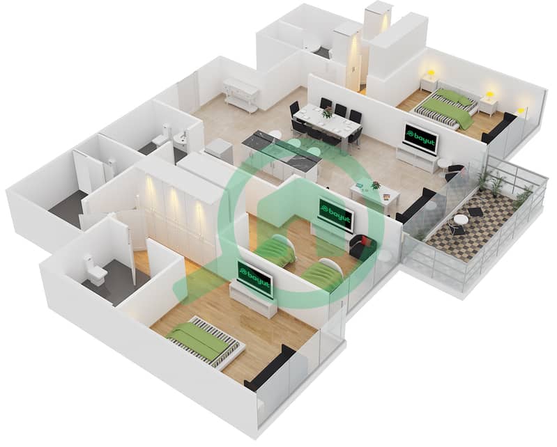 Th8酒店 - 3 卧室公寓类型3C戶型图 interactive3D