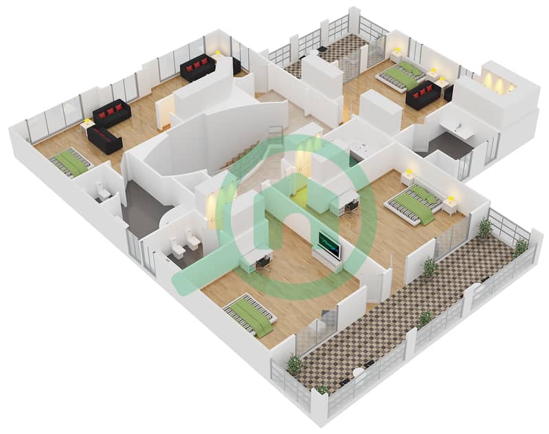 Виллы Сигнатур Фронд М - Вилла 5 Cпальни планировка Тип GRAND STAIRCASE CONTEMP. interactive3D