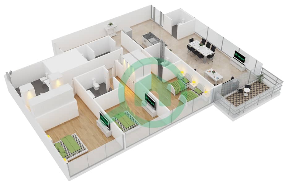 Тh8 - Апартамент 3 Cпальни планировка Тип 3E interactive3D