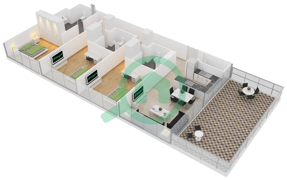 المخططات الطابقية لتصميم النموذج H3B شقة 3 غرف نوم - ذا 8 interactive3D