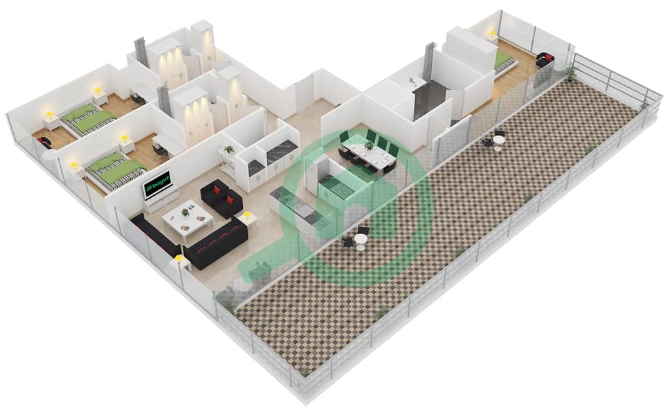 Th8酒店 - 3 卧室公寓类型H3C戶型图 interactive3D