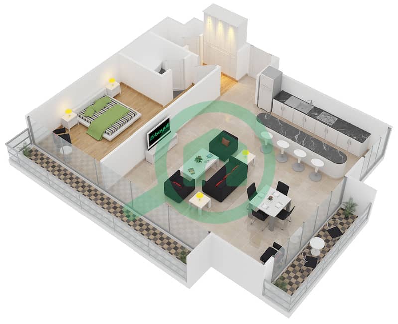 Dubai Arch Tower - 1 Bedroom Apartment Type B1-1 Floor plan interactive3D