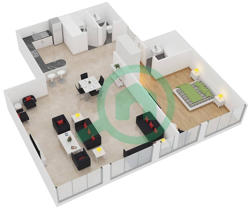المخططات الطابقية لتصميم النموذج B1-2 شقة 1 غرفة نوم - برج قوس دبي interactive3D