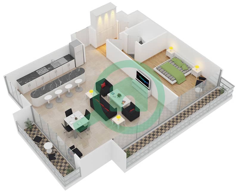 迪拜拱门大厦 - 1 卧室公寓类型B1-3戶型图 interactive3D