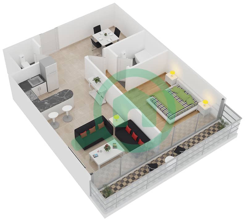المخططات الطابقية لتصميم النموذج B1-4 شقة 1 غرفة نوم - برج قوس دبي interactive3D