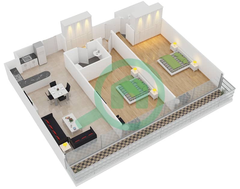 Дубаи Арч Тауэр - Апартамент 2 Cпальни планировка Тип B2-1 interactive3D