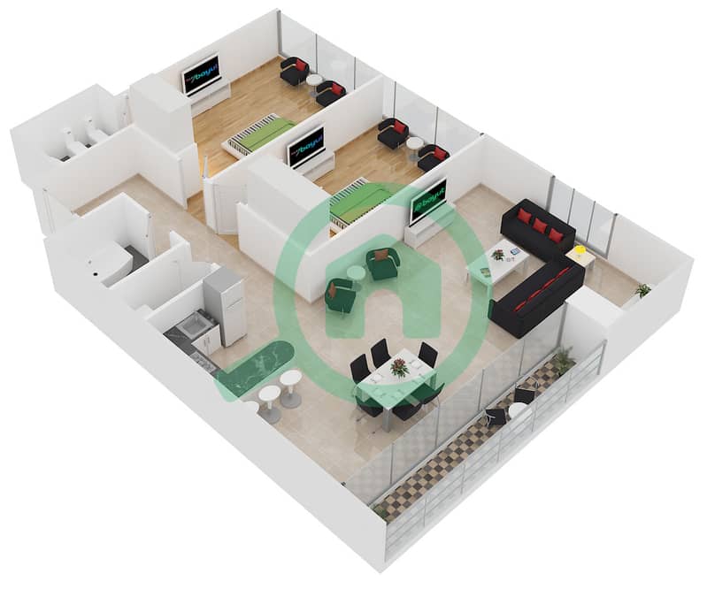 迪拜拱门大厦 - 2 卧室公寓类型B2-3戶型图 interactive3D