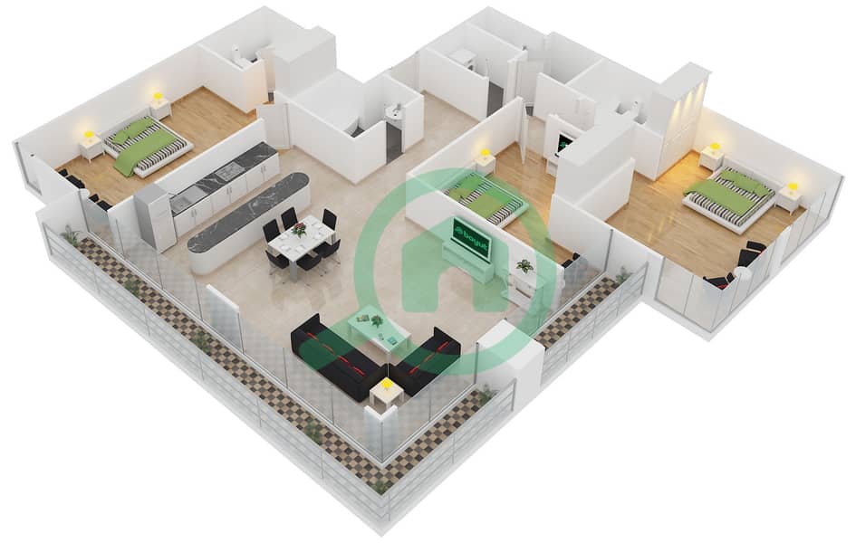 المخططات الطابقية لتصميم النموذج B3-1 شقة 3 غرف نوم - برج قوس دبي interactive3D
