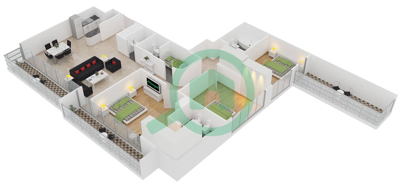Дубаи Арч Тауэр - Апартамент 3 Cпальни планировка Тип B3-1P interactive3D