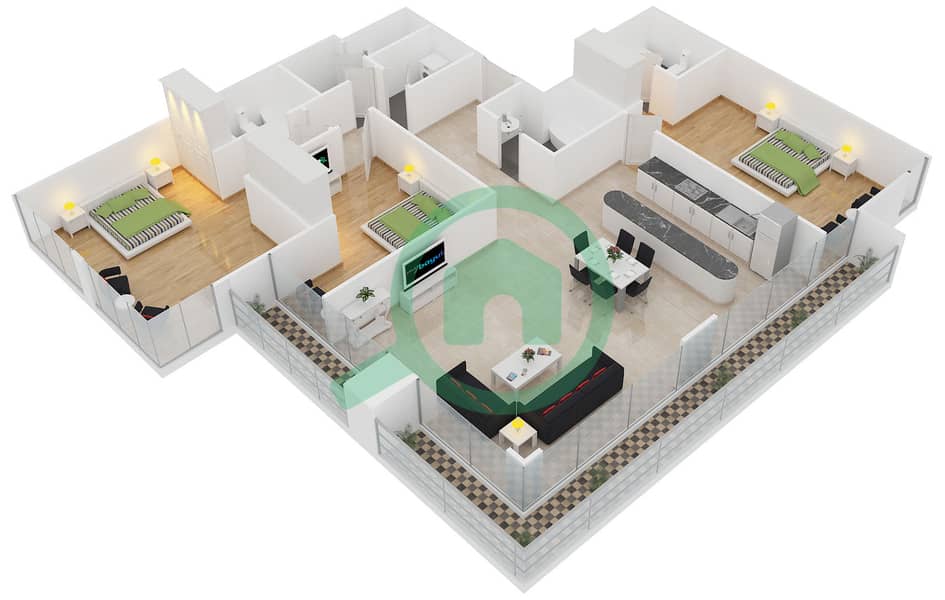 Дубаи Арч Тауэр - Апартамент 3 Cпальни планировка Тип B3-2 interactive3D