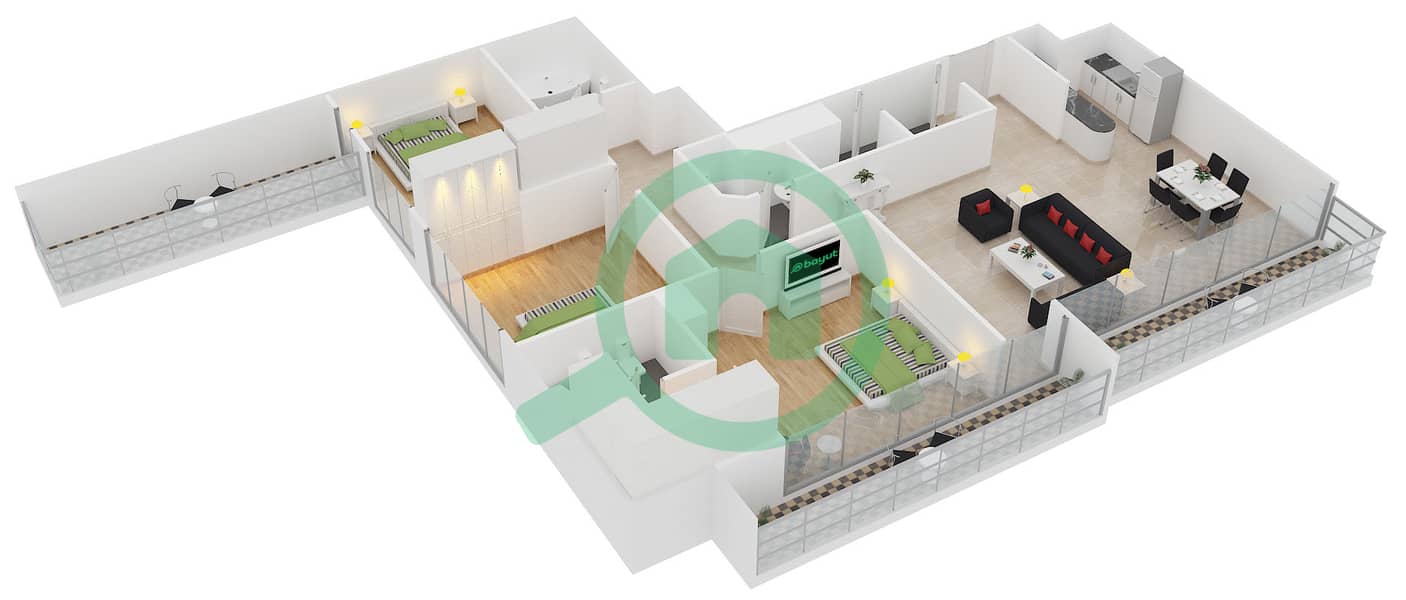 المخططات الطابقية لتصميم النموذج B3-2P شقة 3 غرف نوم - برج قوس دبي interactive3D
