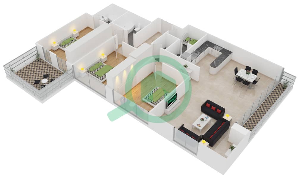 المخططات الطابقية لتصميم النموذج B3-3 شقة 3 غرف نوم - برج قوس دبي interactive3D
