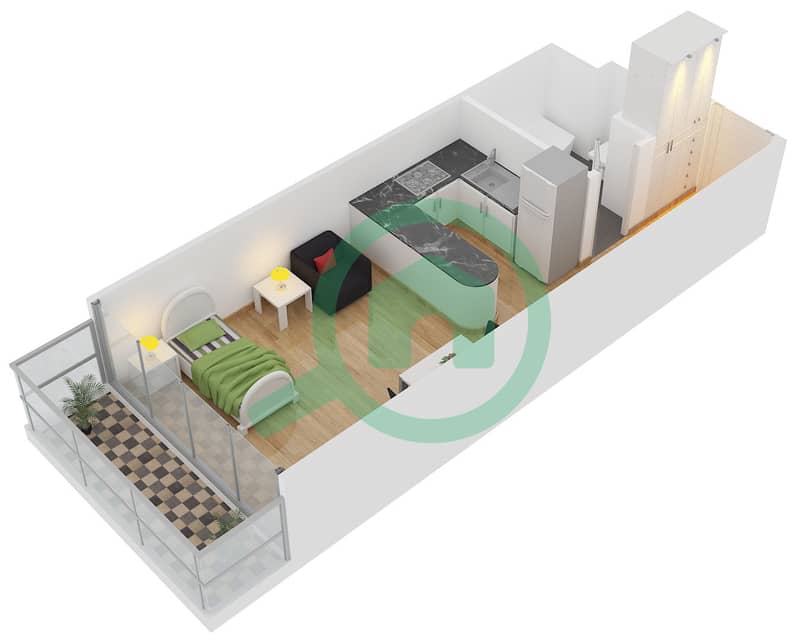 المخططات الطابقية لتصميم النموذج S1-1 شقة استوديو - برج قوس دبي interactive3D