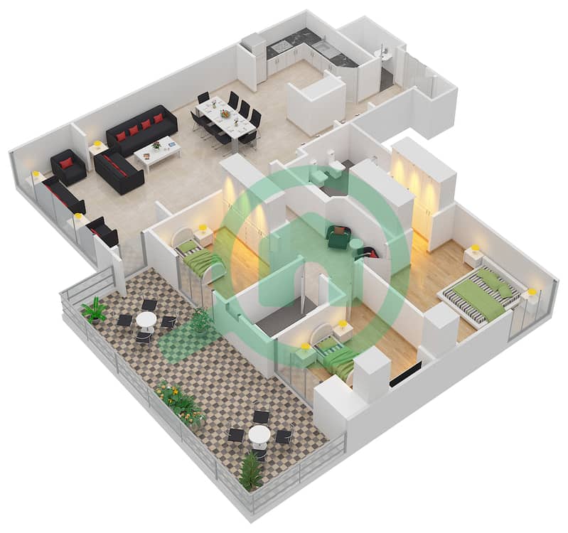 邦宁顿大厦 - 3 卧室公寓类型R.3 - 1戶型图 interactive3D