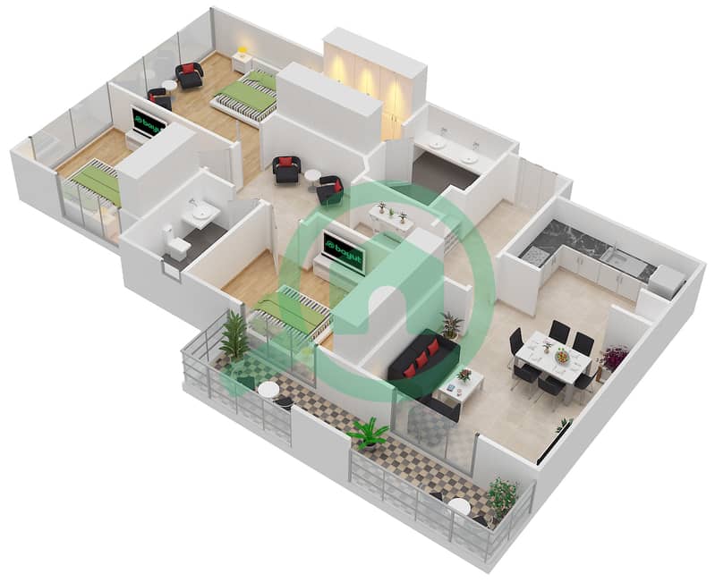 المخططات الطابقية لتصميم النموذج R.3 - 2 شقة 3 غرف نوم - برج بونينغتون interactive3D