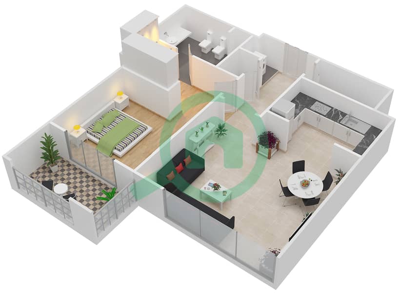 المخططات الطابقية لتصميم النموذج R.1 - 1 شقة 1 غرفة نوم - برج بونينغتون interactive3D