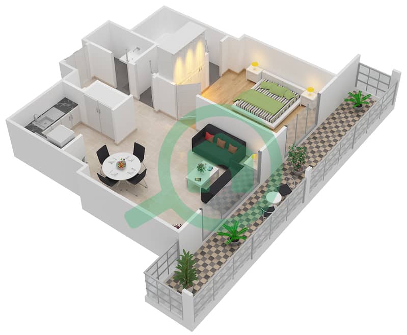 المخططات الطابقية لتصميم النموذج R.1 - 2 شقة 1 غرفة نوم - برج بونينغتون interactive3D