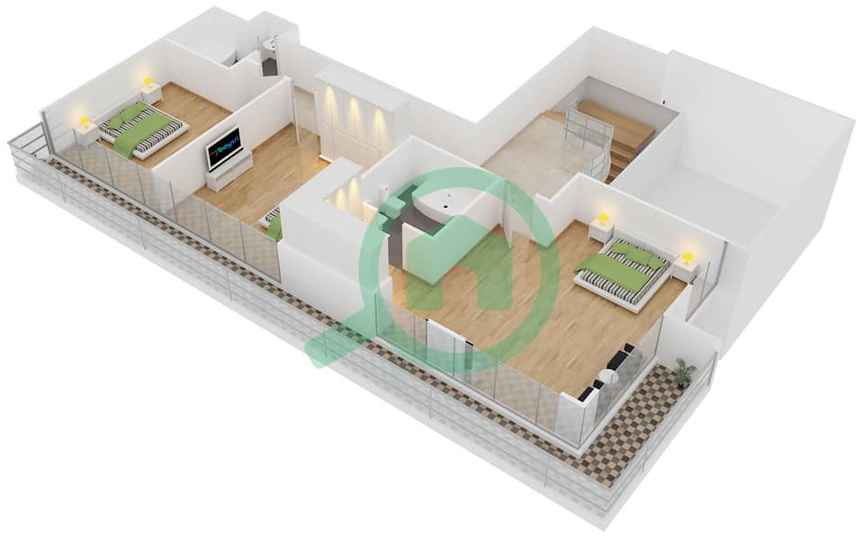 المخططات الطابقية لتصميم النموذج B بنتهاوس 4 غرف نوم - برج قوس دبي interactive3D