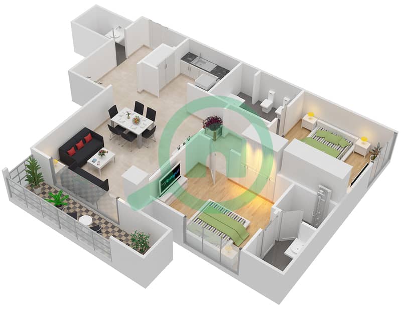 Боннингтон Тауэр - Апартамент 2 Cпальни планировка Тип R.2 - 1 interactive3D