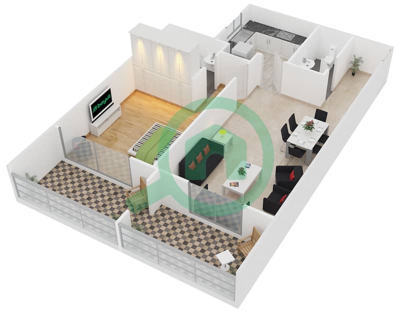 المخططات الطابقية لتصميم النموذج A/B1 شقة 1 غرفة نوم - برج ارمادا 1 interactive3D