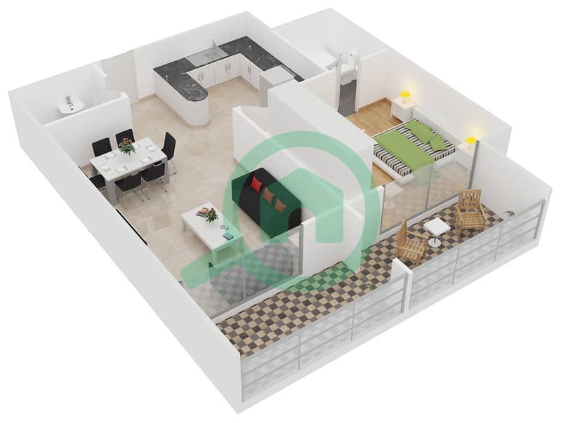 阿玛达大厦1号 - 1 卧室公寓类型A戶型图 interactive3D