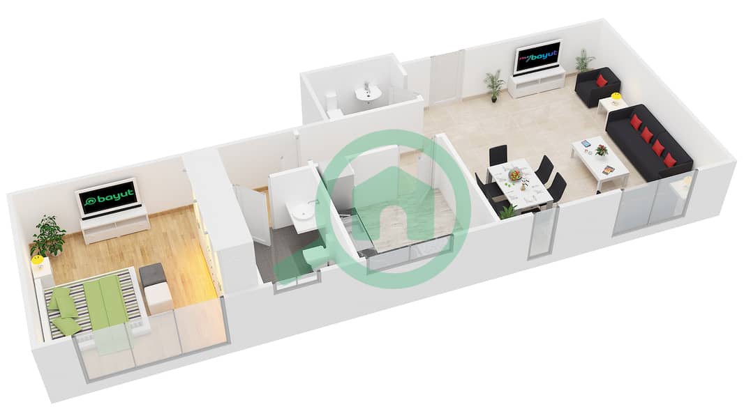 المخططات الطابقية لتصميم النموذج A2 شقة 1 غرفة نوم - برج ارمادا 1 interactive3D