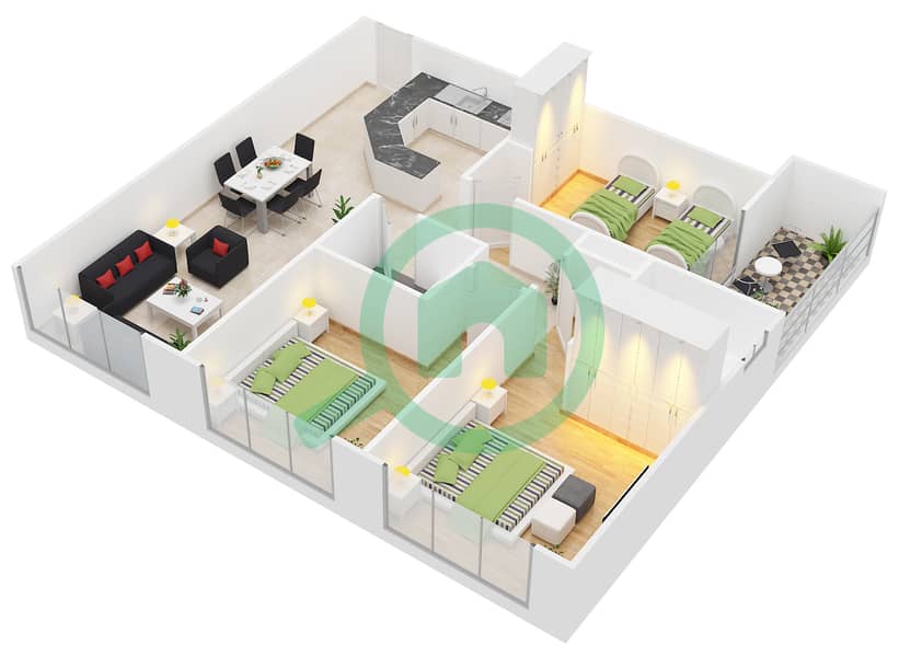 阿玛达大厦1号 - 3 卧室公寓类型B戶型图 interactive3D