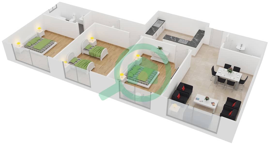 阿玛达大厦1号 - 3 卧室公寓类型C戶型图 interactive3D