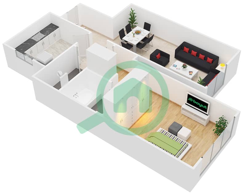 المخططات الطابقية لتصميم النموذج A/B2 شقة 1 غرفة نوم - برج ارمادا 2 interactive3D