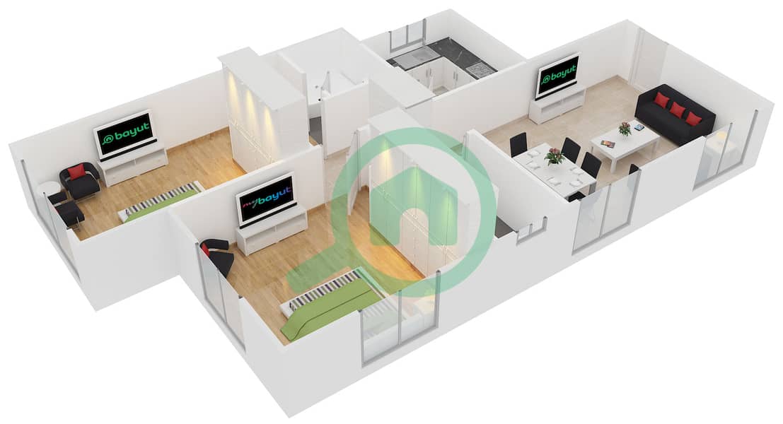 المخططات الطابقية لتصميم النموذج B شقة 2 غرفة نوم - برج ارمادا 2 interactive3D