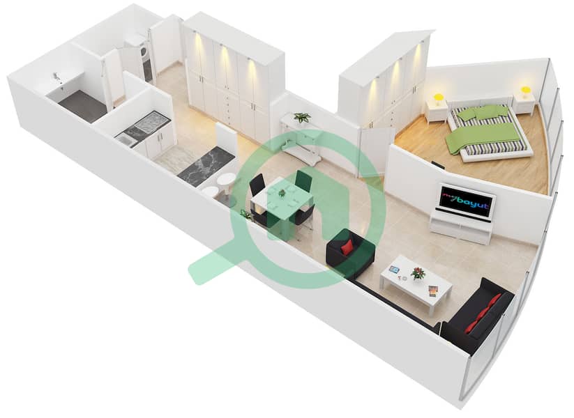 المخططات الطابقية لتصميم الوحدة 1 شقة 1 غرفة نوم - جولد كريست إكزيكيوتيف interactive3D