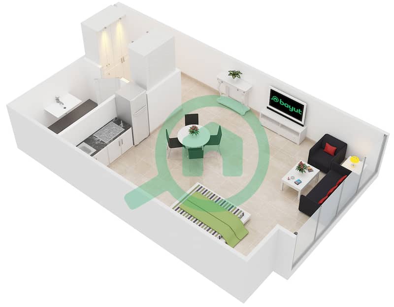 المخططات الطابقية لتصميم الوحدة 2 شقة استوديو - جولد كريست إكزيكيوتيف interactive3D