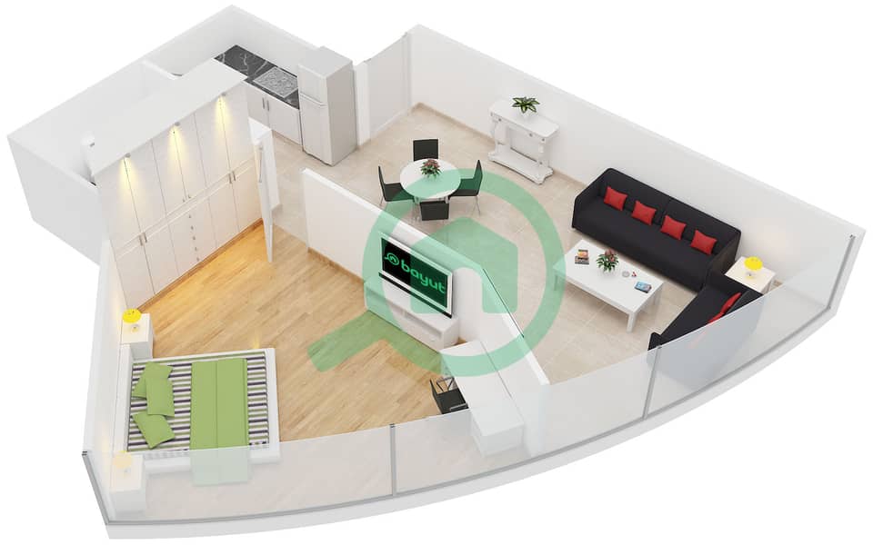金冠行政大厦 - 1 卧室公寓单位2戶型图 interactive3D