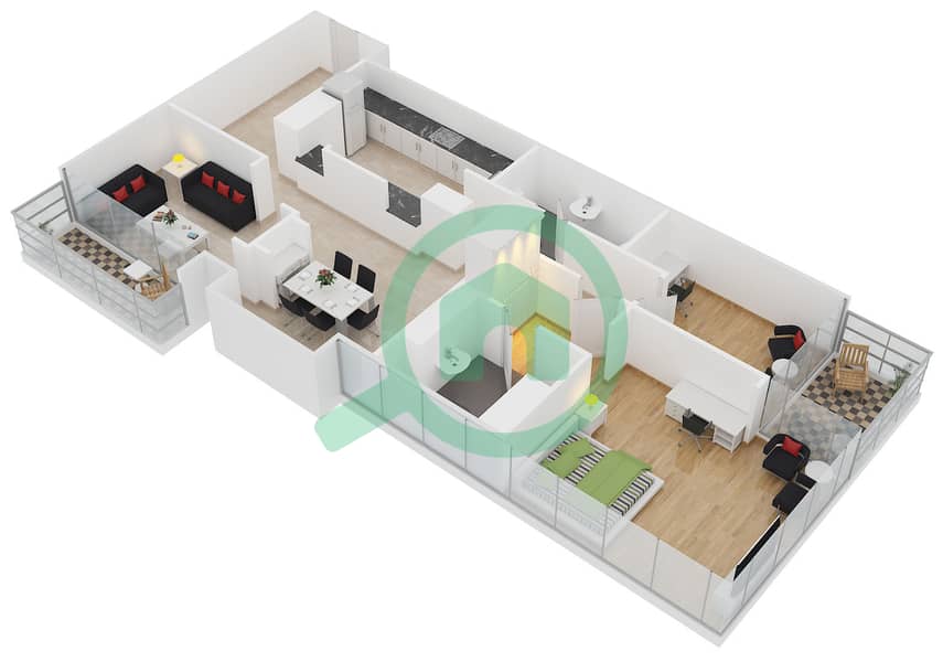 金冠景观公寓1号 - 1 卧室公寓类型5戶型图 interactive3D