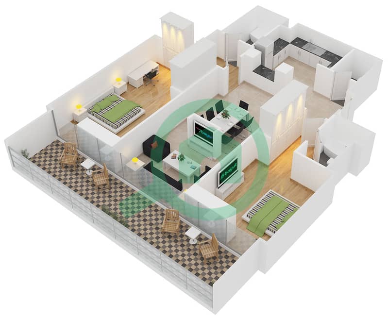 المخططات الطابقية لتصميم النموذج 3 شقة 2 غرفة نوم - جولد كريست فيوز 1 interactive3D