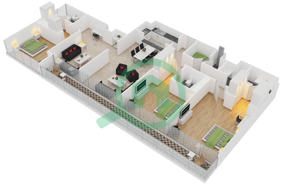 金冠景观公寓1号 - 3 卧室公寓类型2戶型图 interactive3D