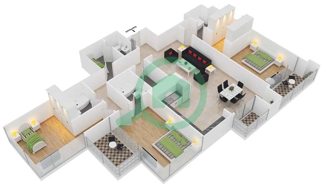 المخططات الطابقية لتصميم النموذج 3 شقة 3 غرف نوم - جولد كريست فيوز 2 interactive3D
