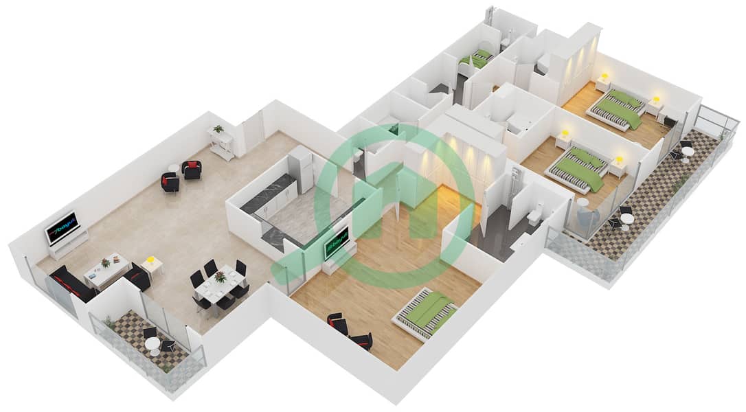 المخططات الطابقية لتصميم النموذج 1(3B-A) شقة 3 غرف نوم - جرين ليك 1 interactive3D
