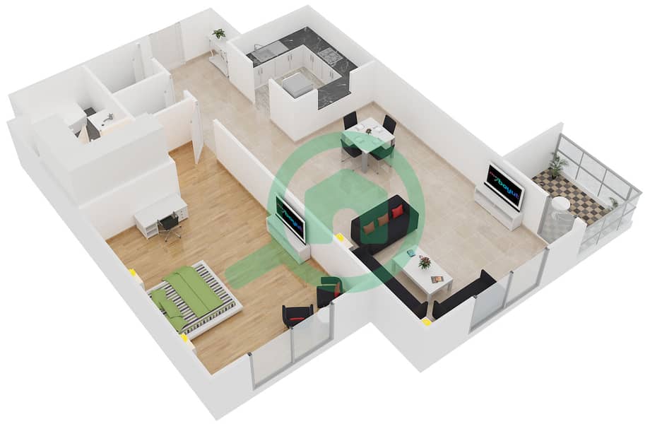 Грин Лейкс 1 - Апартамент 1 Спальня планировка Тип 1(1B-A) interactive3D