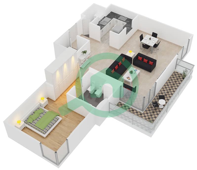 المخططات الطابقية لتصميم النموذج 2(1B-B) شقة 1 غرفة نوم - جرين ليك 1 interactive3D