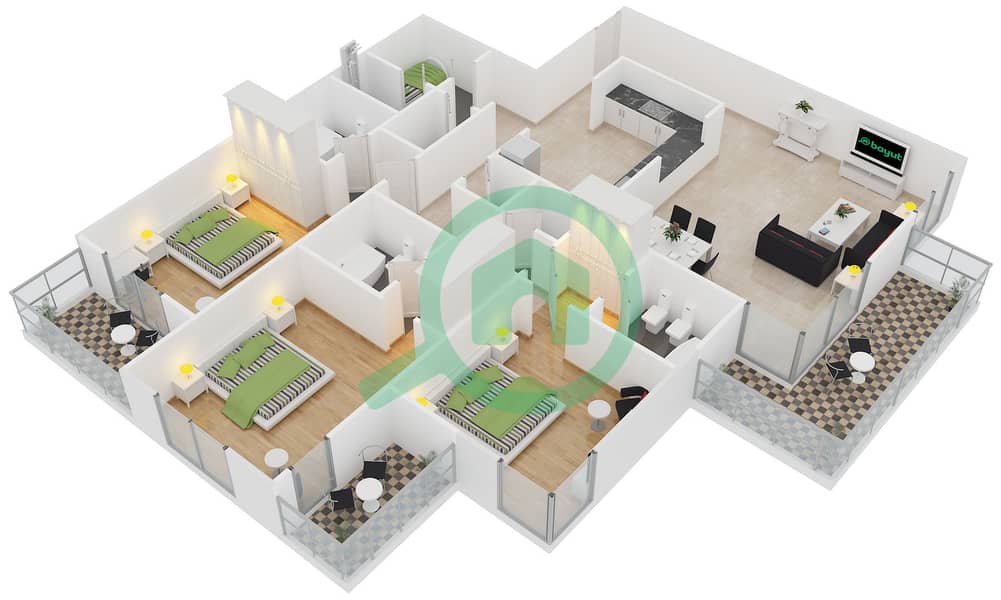 Грин Лейкс 1 - Апартамент 3 Cпальни планировка Тип 2(3B-B) interactive3D