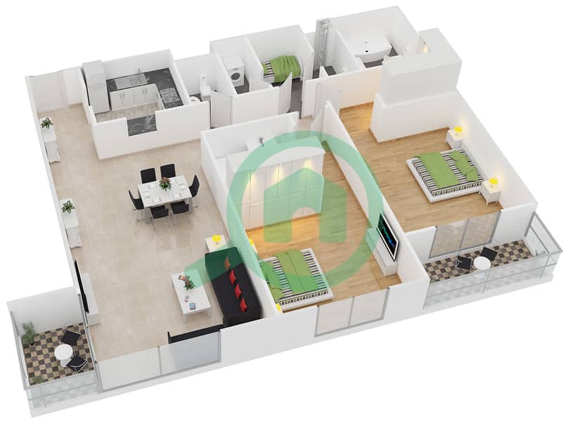 翠绿湖泊1号 - 2 卧室公寓类型2(2B-B)戶型图 interactive3D